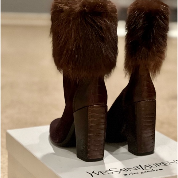 Luxurious brown suede boots, fur topped and alligator print leather heal. - Picture 2 of 13